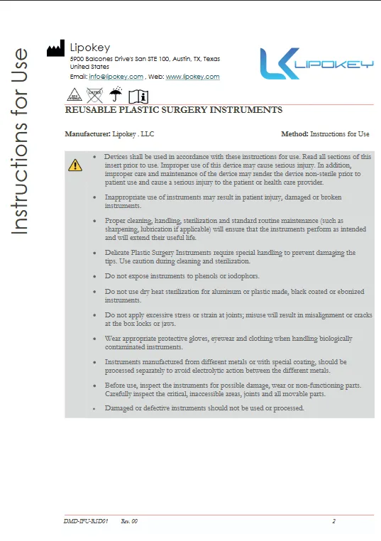Reusable Plastic Surgery Instruments Instructions for Use IFU